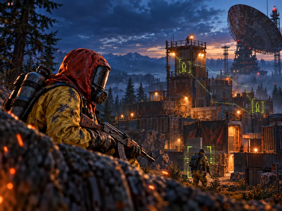 Atmospheric illustrated landscape with a distant settlement